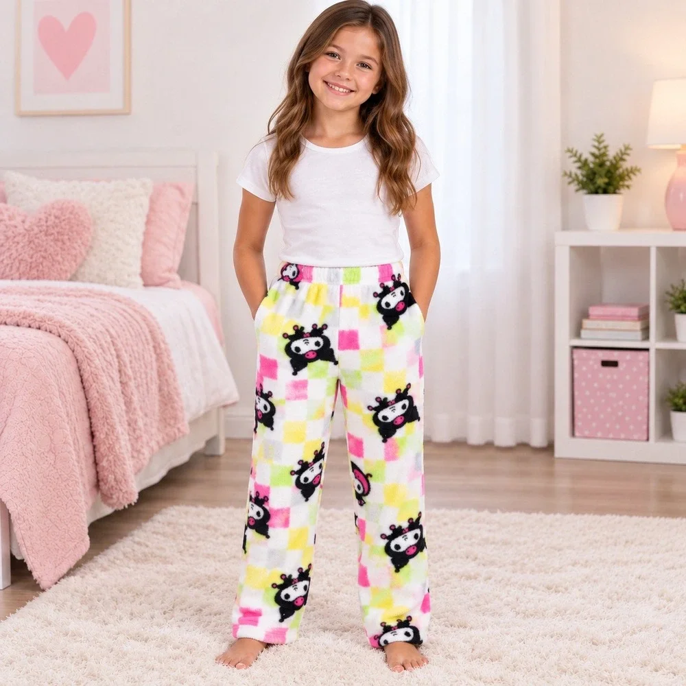 Sanrio Pajama Pants Girls Size 10 Multi Color Hello Kitty Kuromi Plush Fleece